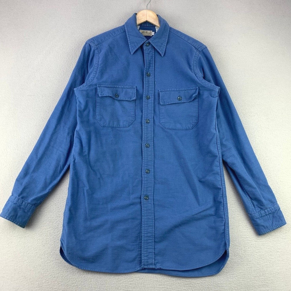 Vintage 70s LL Bean Chamois Shirt Mens 15 Long Blue Cotton Workwear Button Up